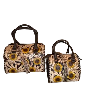 Sunflower Tooled Leather medium speedy! Chic Vintage Handbag Cow Print Bag