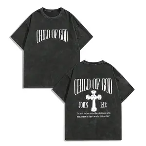 Child Of God God Blesses You Classic Retro Fashion Street Cross Jesus Popular Letter Pattern Print 230g Washed Cotton T-Shirt Men's Summer High-Quality Vintage Casual Round Neck