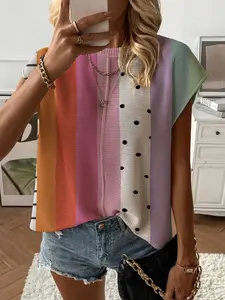 Summer Round Neck Short Sleeve Knit Top, Loose Fit Geometric Print, Casual Elegant Commuter, Bikini Cover-Up, Women's Fashion, Womenswear