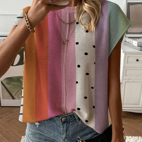Summer Round Neck Short Sleeve Knit Top, Blouse, Boho Fashion Shirt, Boho Clothing, Loose Fit Geometric Print, Casual Elegant Chic Commuter, Bikini Cover-Up, Women's Fashion, Womenswear, Lady