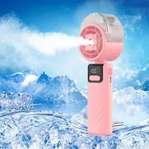 High-speed handheld misting fan, portable spray fan, compact personal device, rechargeable, powerful high speed, can produce water mist, equipped with a 3000 mAh battery, suitable for travel, indoor/outdoor use, and handheld operation.