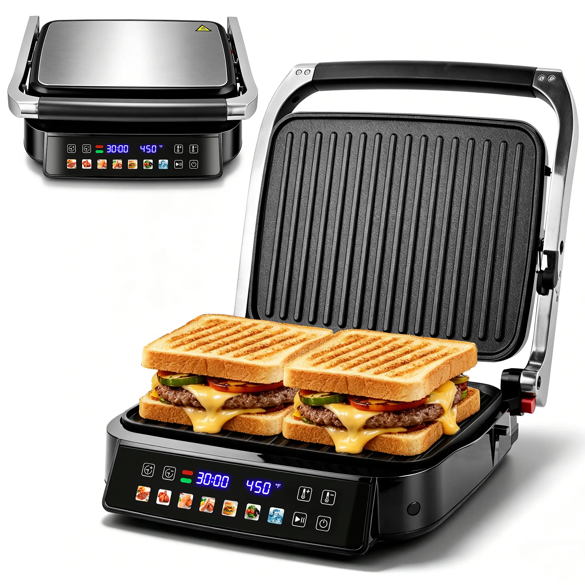 Pukomc 7-in-1 1500W Electric Contact Panini Maker - Compact Home Kitchen Table Top Grill, 180° Flat Open Design, Non Stick Griddle, Removable Cooking Plates, LED Display