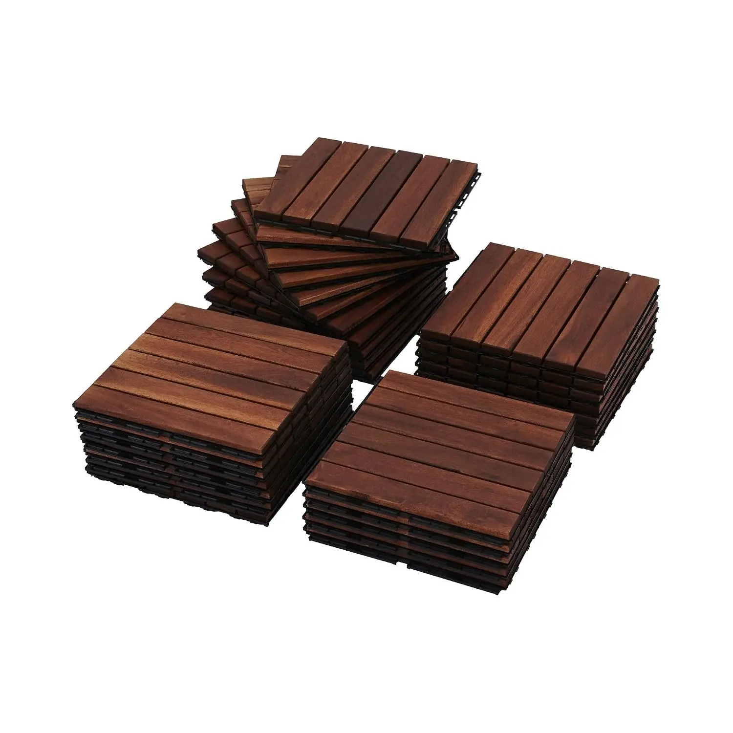 Square Interlocking Acacia Wood Deck Tiles, DIY Snap-in Outdoor Flooring Tiles with PP Base, Weatherproof Patio Pavers for Garden & Backyard