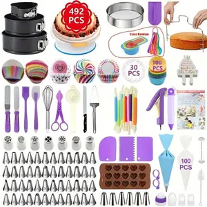 492 Pcs Cake Decorating Kit With Baking Supplies- Cake Turntable For Decorating With Baking Pans, Leveler, 48 Numbered Piping Tips, 2 Spatulas,Cream Decoration Tips, Decorative Bags & More Ornaments Multicolor