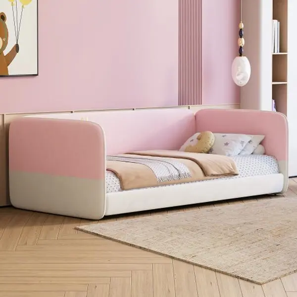 Bellemave  Twin Size Montessori Floor Bed with Upholstered Headboard and Armrests, Velvet Floor Bed Frame with Soft and Safe Design, Low Profile Platform Bed with Protective Sides