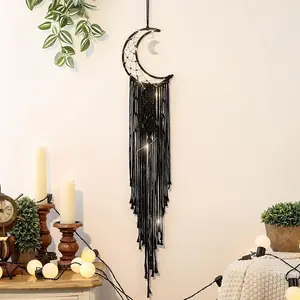 Black Macrame Moon Dream Catcher Witchy Crescent Phase Woven Wall Hanging with Light Handmade Gothic Bohemian Nursery Decor with Star Decoration for Home Bedroom for Girl Kids 37.8 Inches/96 Cm