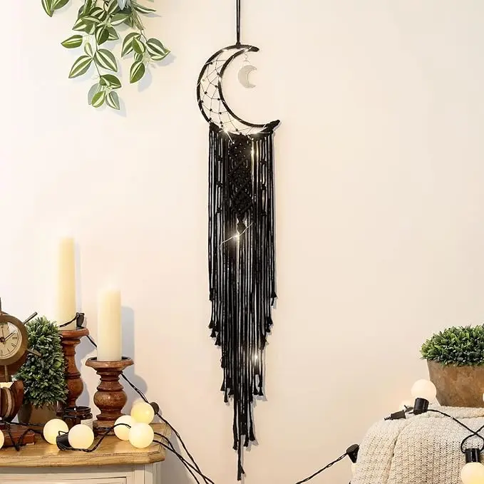 Black Macrame Moon Dream Catcher Witchy Crescent Phase Woven Wall Hanging with Light Handmade Gothic Bohemian Nursery Decor with Star Decoration for Home Bedroom for Girl Kids 37.8 Inches/96 Cm