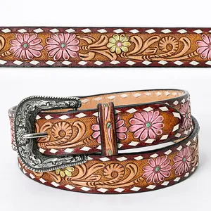 American Darling Beautifully Hand Tooled Tan Genuine Leather Belt Men and Women Western with Removable Buckle