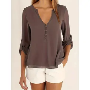 Plus Size Fashionable Long Sleeved V Neck Shirt with Buttons on The Back for Women