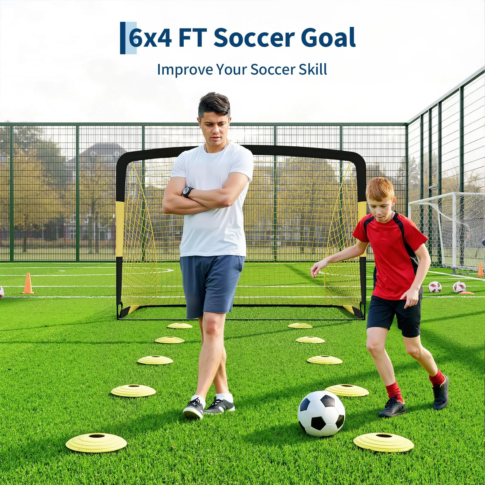 【Garvee】Soccer Goal Set 6x4 & 7x5FT Portable Pop Up & Rebounder Net, 3-in-1 Design for Passing, Launching, Ball Control with Ball, Pump, Cones, Stakes, Carry Bag for Indoor Outdoor
