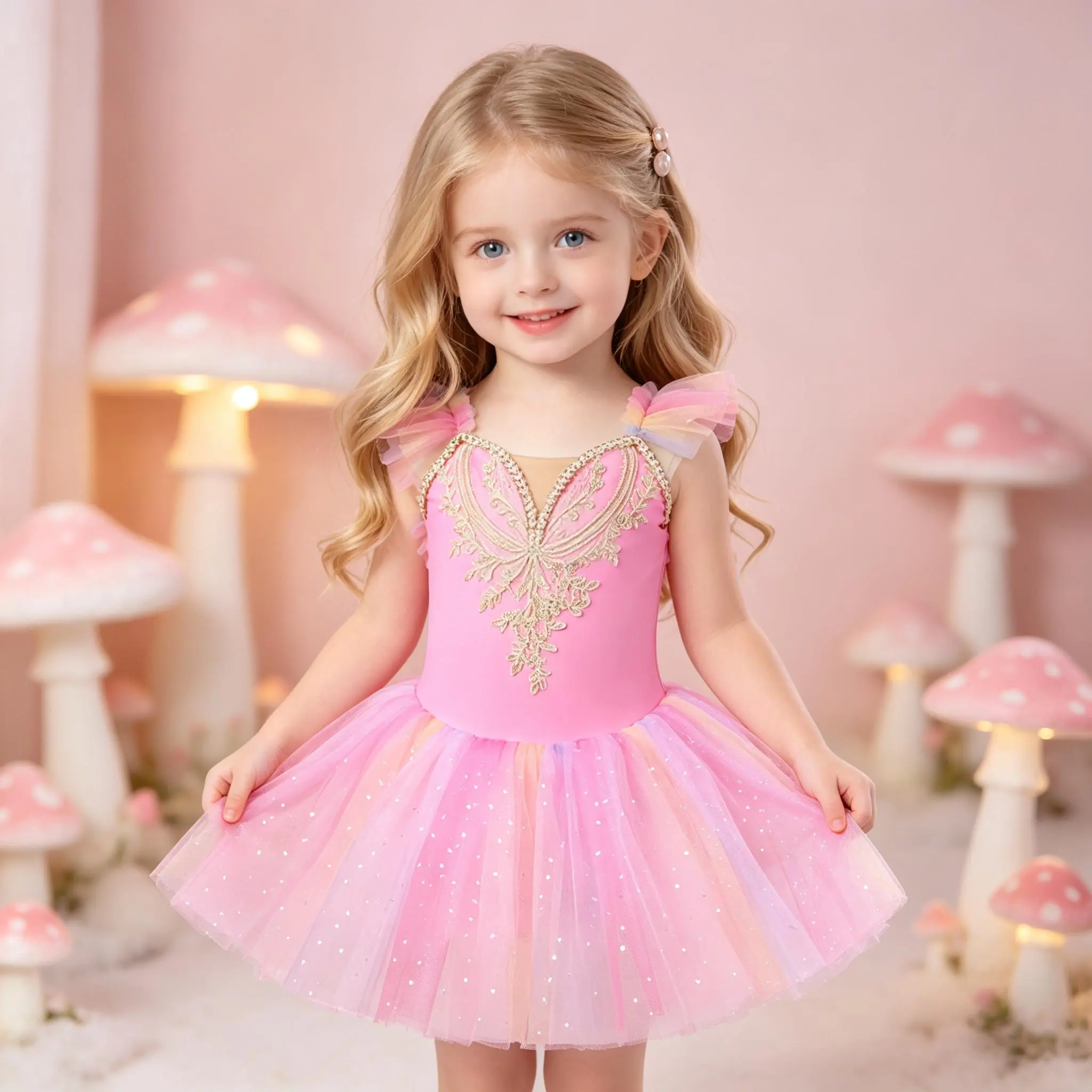 Girls Pink Ballet Leotard Tutu Dress, Gold Lace Embroidery Flowy Mesh Sleeves, Sparkly Tulle Skirt Toddler Dance Outfit for Ballet Class Stage Performance Birthday Party