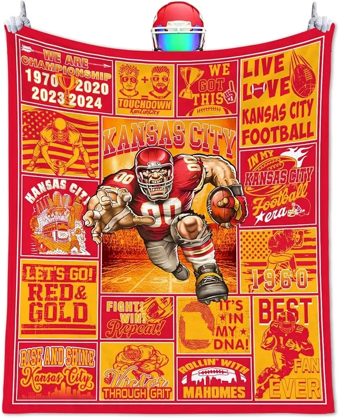 KansasCity Flannel Blanket, Red Gold Football Fan Throw Blanket, KC Blanket, Soft Cozy Throw for Sofa Couch Bed, Game Day Home Decor, Vintage Football Lover Gift for Men Women, Warm Flannel Blanket, Kansas City Fan Gift