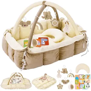 5-in-1 Plush Baby Play Gym & Activity Mat, Baby Play Mats, Baby Gym with Convertible Design, Tummy Time Mat with Pillow, 6 Sensory Toys for Newborn to Toddler, Cream