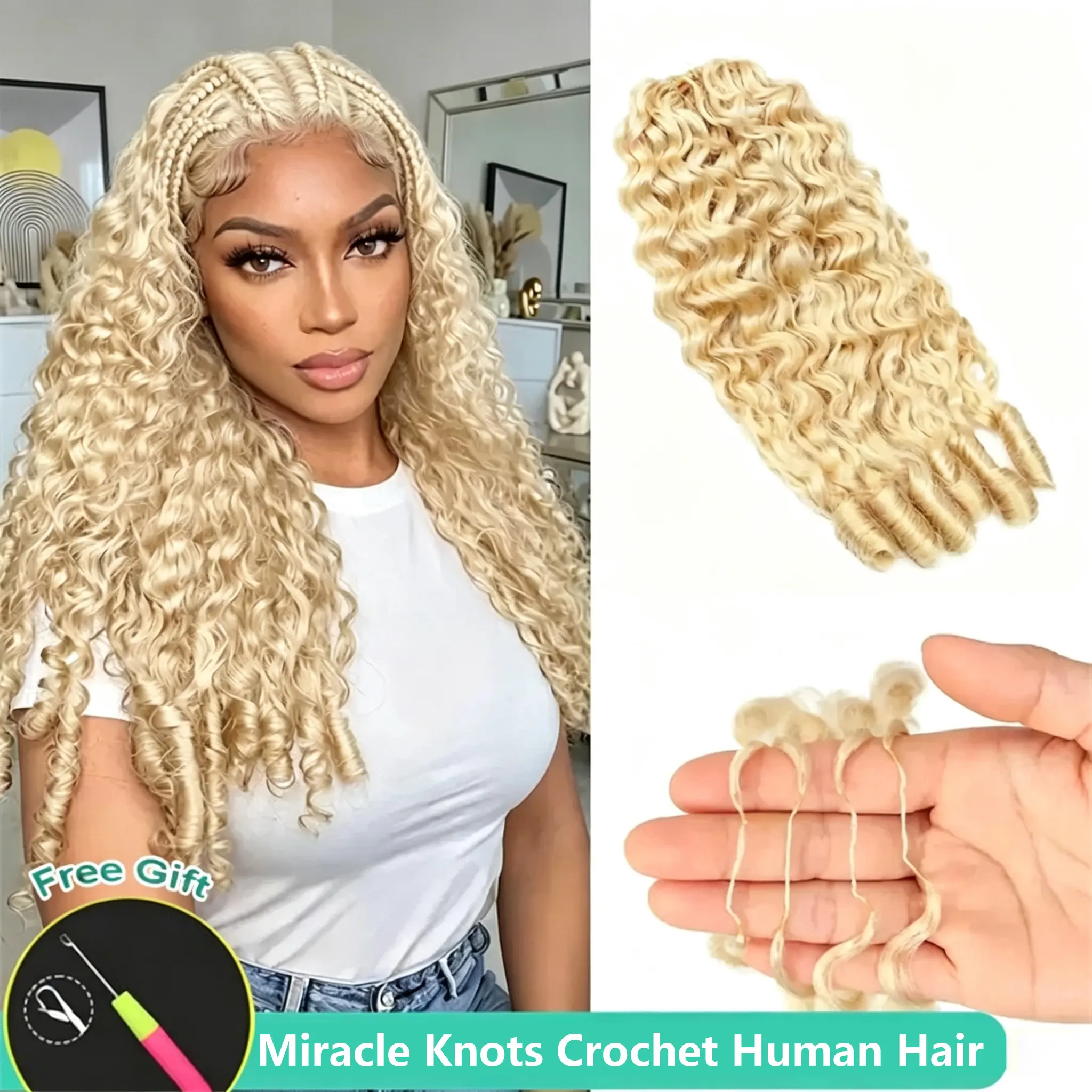 Blonde 613 Boho Braids Human Crochet Hair Burmese Curly 18 Inch 50g/Pack Feather Crochet Human Hair Burmese Curly 613 Colored For Women Pre-Separated Invisible Wet And Way Crochet Hair Extensions Natural Black