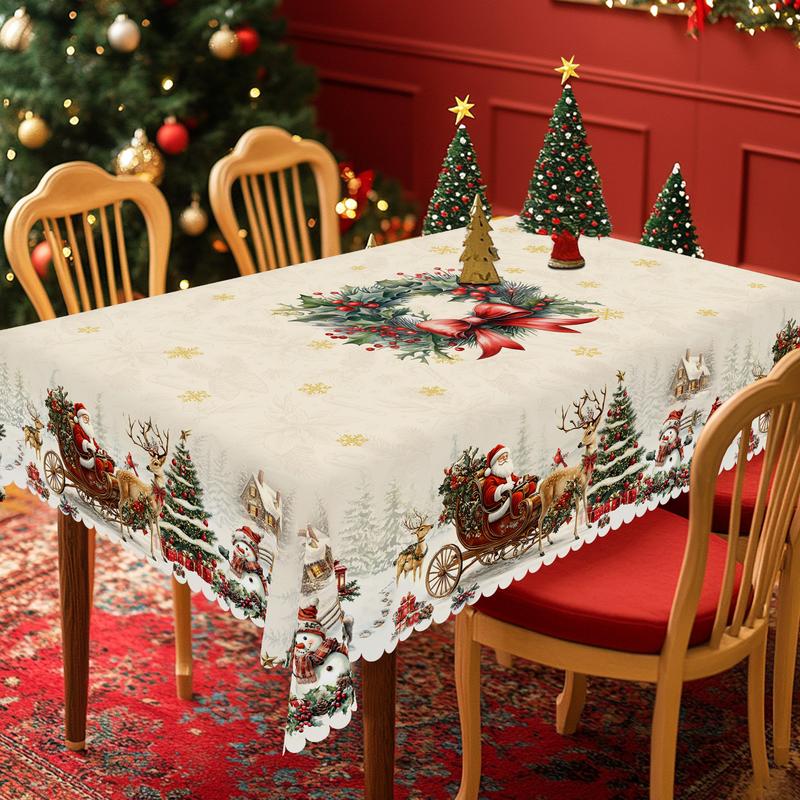 QUNTUE Christmas Winter Berry Wreath Pattern Tablecloth, 2025 Christmas Party Decoration, Garden Party, Restaurant Decoration, Indoor Outdoor Holiday Decorations, Round and Rectangle Multi Sizes, Gift for Friends