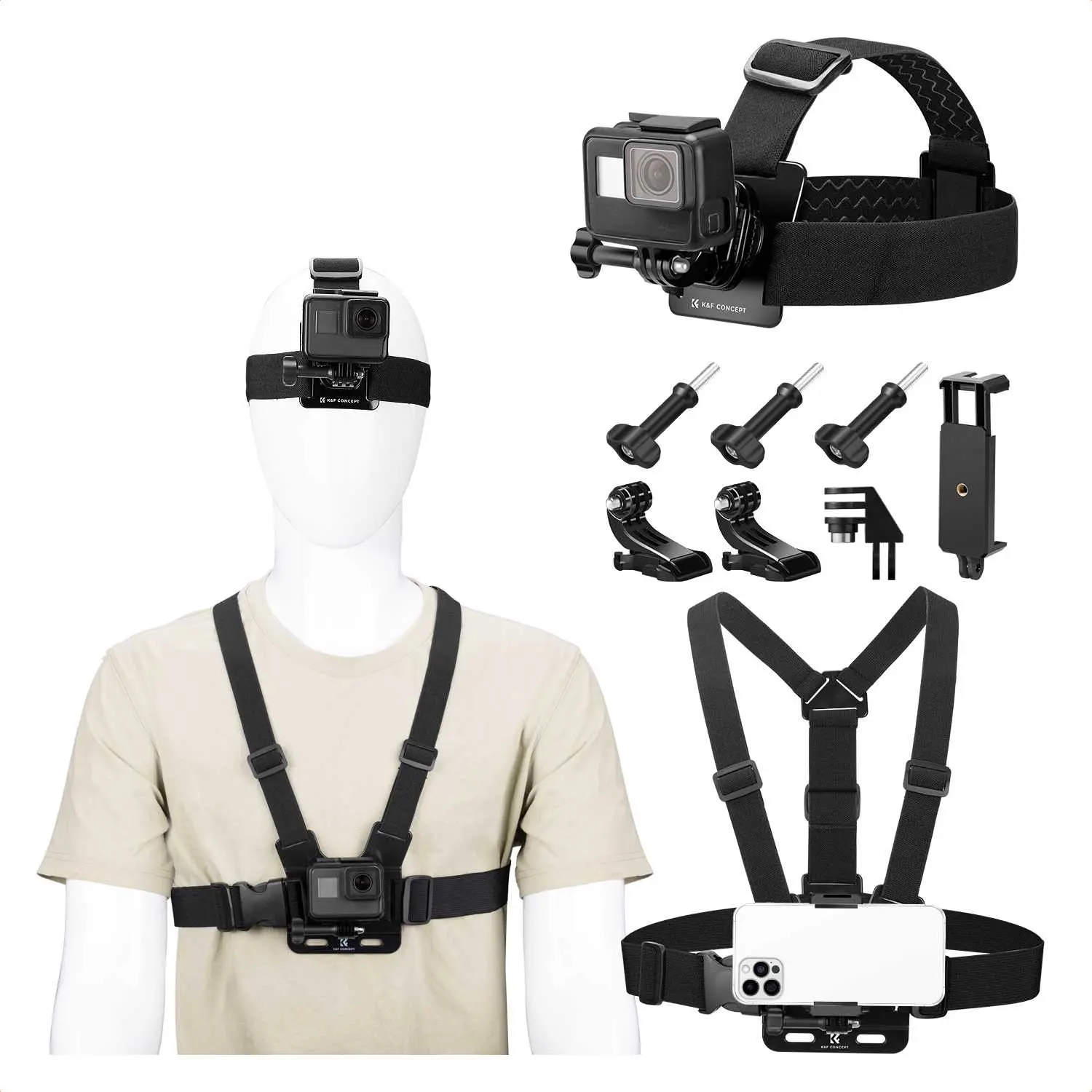 K&F CONCEPT Head Strap & Chest Mount Set for GoPro Hero 13 12 11 10 9 8 7 6 5 4 Session DJI Osmo Action Cameras, Quick Release Adjustable Action Camera Accessories Kit
