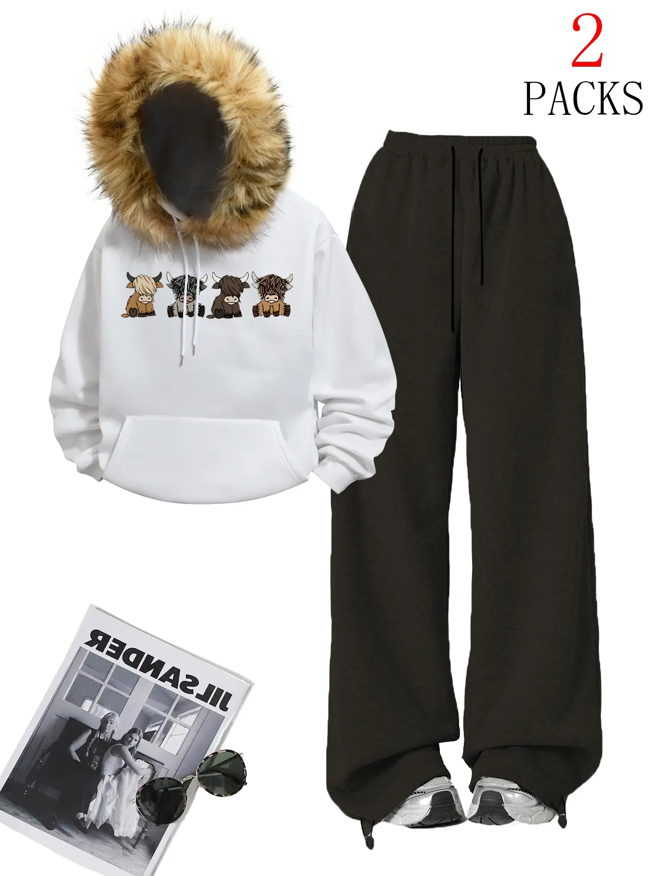 Women's Fleece-Lined Warm Sweatshirt + Casual Pants Set, Cute Cow Cartoon Pattern, Fashionable Daily Wear, Travel, Party, Camping, School