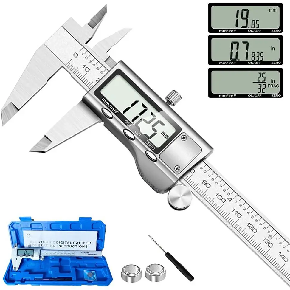 Digital Caliper Measuring Tool, Stainless Steel Vernier Caliper Digital Micrometer with Large LCD Screen, Easy  from Inch Metric Fraction, 6 Inch Caliper Tool for DIY/Household