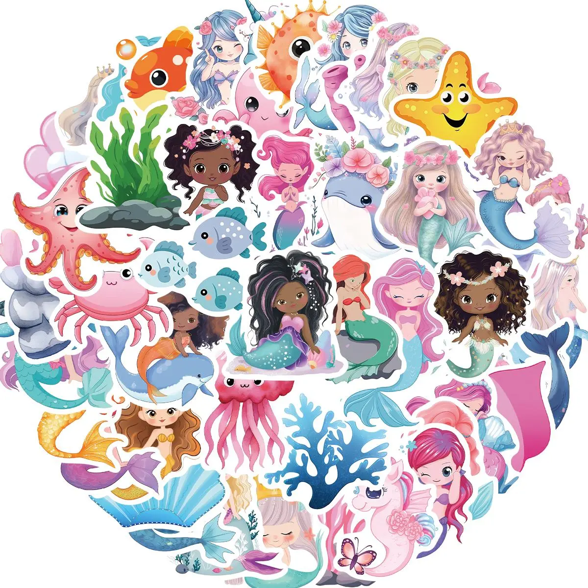 Cute Mermaid Pattern Sticker, 50pcs/set Waterproof Self Adhesive Decor Paper, Decor Sticker for Gift Greeting Card Water Bottle Laptop Phone, Ornaments