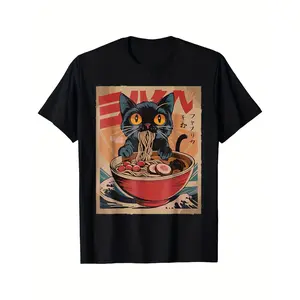 Men's Japanese Kawaii Anime Cat & Ramen T-Shirt - Heavyweight 200gsm Cotton Short Sleeve Tee with Japanese Text, Kuro Cat & Ramen Bowl Design - Casual Comfort Fit for, Daily Wear & Japanese Culture Fans