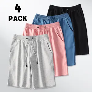 Men’s 4-pack casual cotton-blend shorts, soft breathable fabric, drawstring elastic waistband, side pockets, loose fit, suitable for summer, home wear, workouts, and everyday outfits
