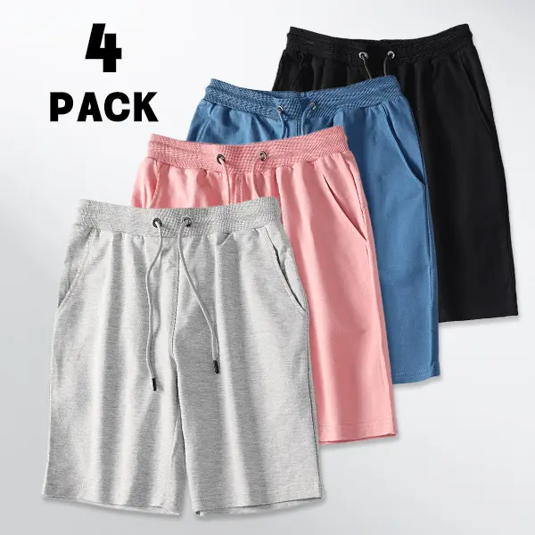 Men’s 4-Pack Casual Cotton-Blend Shorts - Soft Breathable Fabric, Drawstring Elastic Waistband, Side Pockets, Loose Fit, Bold Multi-Colored Men's Shorts for Summer Sportswear, Outdoor Activities, Tops Pairing
