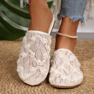 Women's Slippers 3D Rose Lace Flat MulesBackless Slip On Shoes for Summer Casual