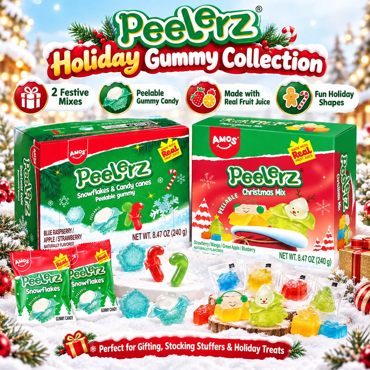 AMOS Peelerz Holiday Gummy Candy Gift Set, 2 Festive Mixes, Peelable Fruit Juice Gummies, Christmas Shapes, Stocking Stuffers, 8.47 oz Each