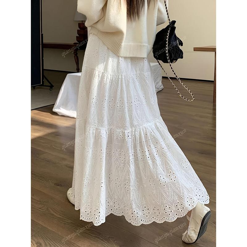 YuanYuanQun Women's A-Line Maxi Skirt - Elegant Solid Color High Waist Fitted Skirt with White Lace Jacquard, TB513640, All-Season Chic Bottoms