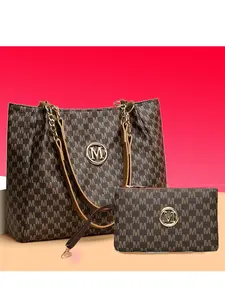 Women's Large Capacity Tote Bag and Clutch Set, M Letter Print Handbag, Elegant Vintage Shoulder Bag with Chain Strap, Daily Use and Casual, Fashionable Bag Set