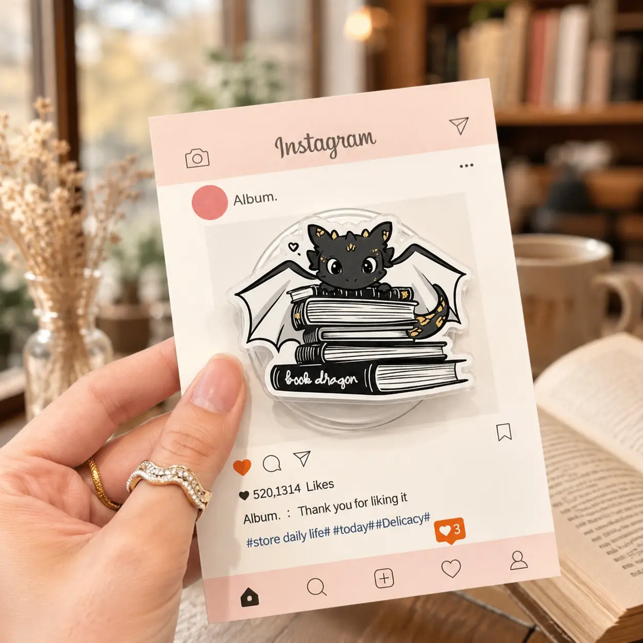 Cute Book Dragon with Book Stack MagSafe Phone Grip – Magnetic Pop Socket & Kickstand – Book Lover Gift Cellphone Accessory Smartphone Grip