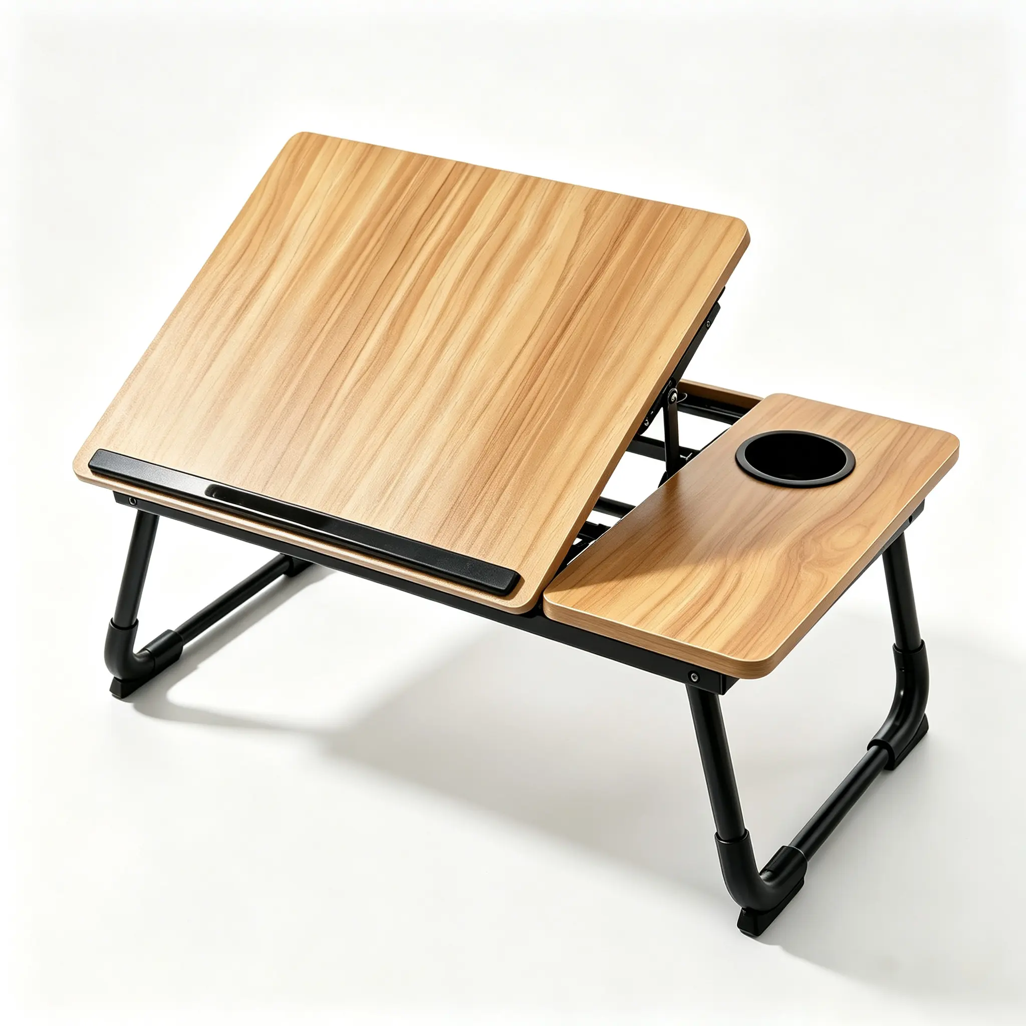 Wooden Foldable Lap Desk with Cup Holder, Anti-Slip Stopper, Folding Flat Design & Adjustable Work Angle - Portable Laptop Tray for Bed, Home Office Use