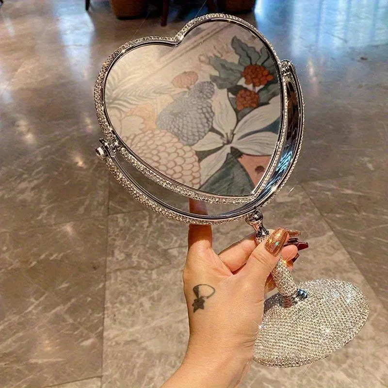 1pc Double-Sided Desktop Makeup Mirror, Vanity Tabletop Mirror, with High Definition in a Heart Shape, Diamond Embellishments for Standing on a Desk, Suitable for Home/Office Use, Trendy Gift, Ins-Style Decorative Mirror