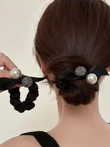 Black Satin Bow Pearl Rhinestone Scrunchie Luxury Elegant Hair Elastic French Style Ponytail Holder Daily Women Hair Accessories#PearlHairScrunchie #BowHairTie #BlackSatinHairAccessories #LuxuryPonytailHolder #FrenchStyleHairTie