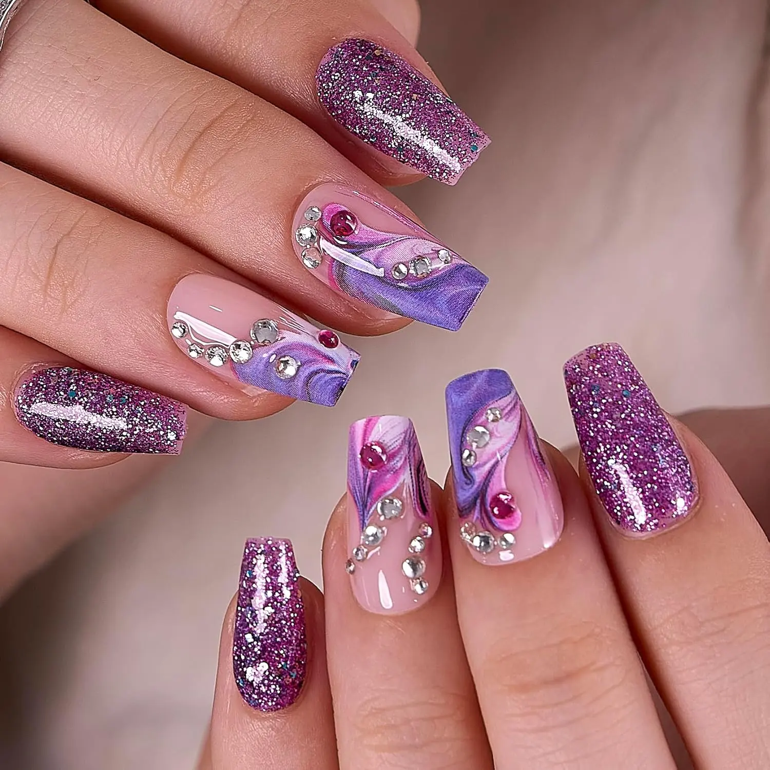 Press-on Nails Kit, Acrylic Long Square Full Cover Fake Tips with Dream Violet Design for Women, Reusable Set Including Nail Glue & Adhesive Tabs