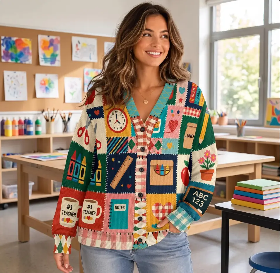 Teacher Cardigan, Cute School Icons Knit Cardigan, Back To School Sweater