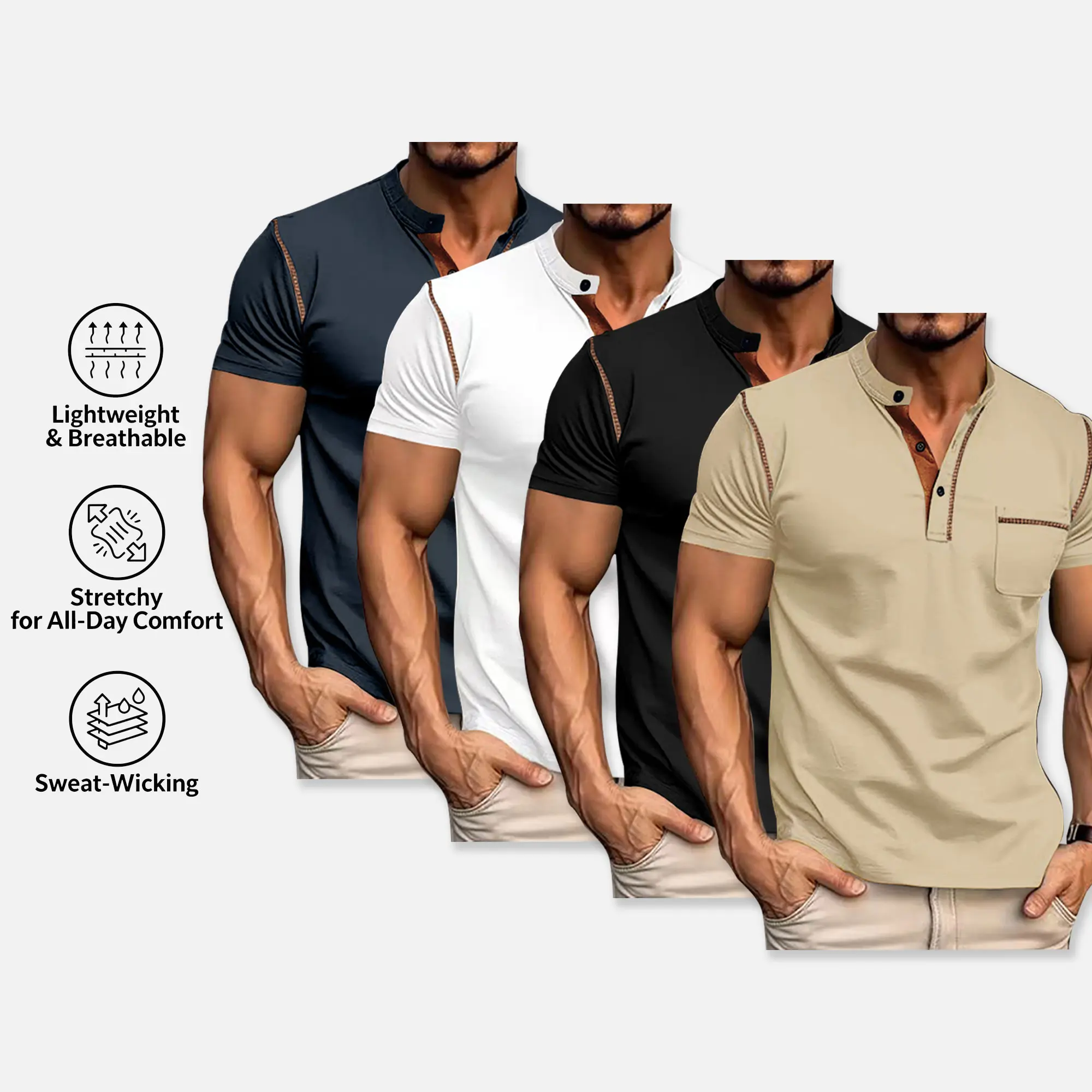 Men's Casual Henley Polo Shirt, Moisture Wicking Stretch Fabric Short Sleeve Top with Chest Pocket, Solid Color Slim Fit Athletic Golf Commute Daily Wear