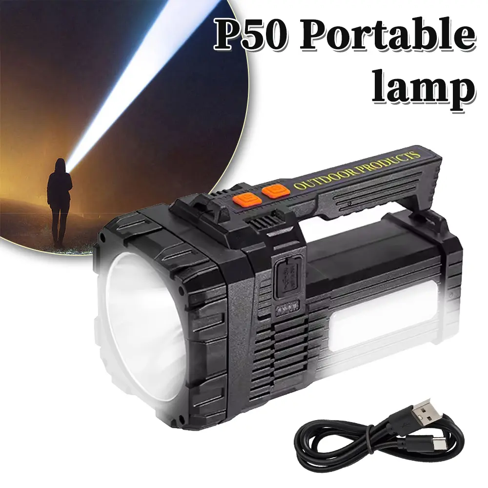 Rechargeable LED Spotlight Flashlight - Waterproof, Functional, Easy-Carry Handheld Searchlight with 6 Modes, Bright Outdoor Lamp for Emergency, Camping, Hiking