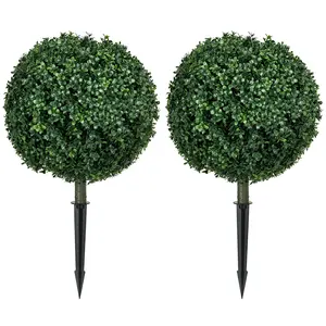 HOMCOM 2-Pack 1.3ft (15.7in) Plastic Artificial Boxwood Topiary Ball Bush with Integrated Ground Stake, UV-Resistant Eucalyptus Faux Greenery, Decor for Garden, Porch, Room Decor