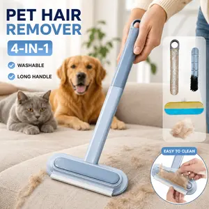 4-in-1 Long Handle Extra Sticky Washable Lint Roller - Pet Hair Removal Tool for Bed, Sofa (Cat & Dog Grooming Supplies)