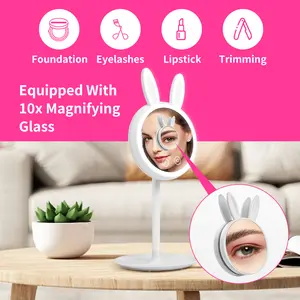 Rabbit shape markup mirror, 2 mirrors design, a major mirror and an equipped mirror with 10x magnifying glass, with lights Balancing Facial Reflection Mirror Compact Makeup Mirror with Suction Cups Rechargeable Handheld