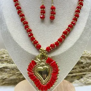 Heart Set - Red Beaded Necklace & Earrings Set for Decoration or Gift Versatile and Simple Jewelry