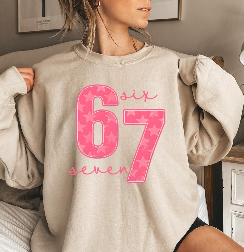Funny 67 Number Sweatshirt – Pink Bold “67” Graphic Pullover, Cute Hearts & Stars Crewneck, Soft Casual Everyday Top