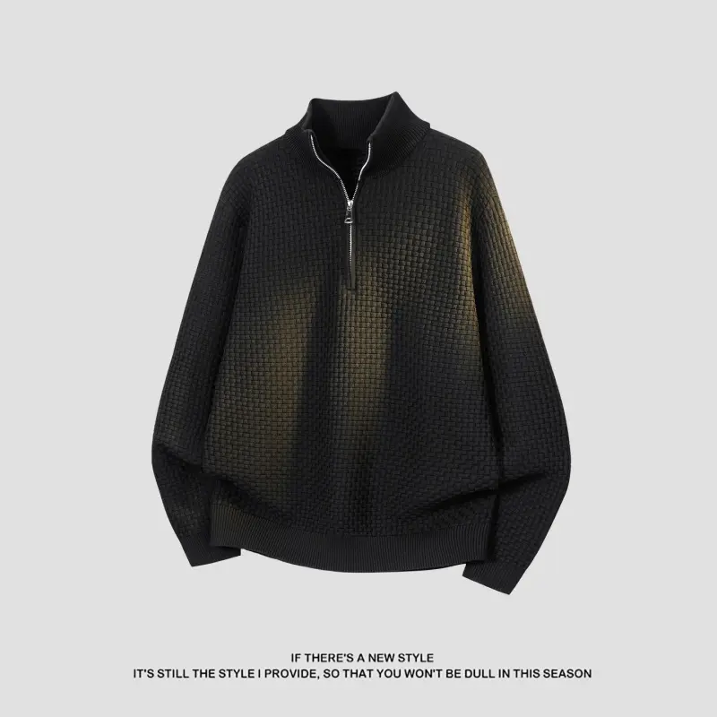 Men’s stand collar long-sleeve knit pullover sweater — collegiate men’s pullover, comfortable men’s top, thick crewneck polyester casual wear, soft outer layer for autumn/winter