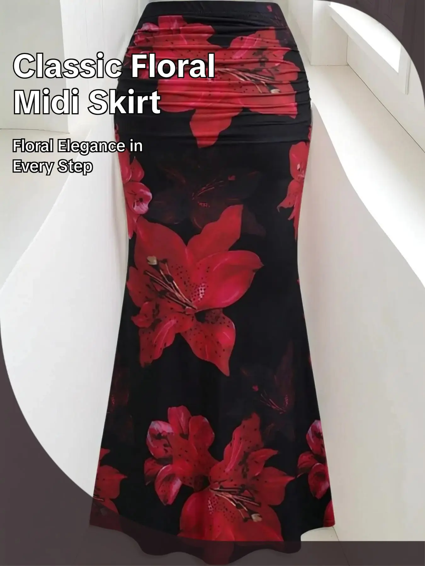 Elegant Floral Pleated Long Skirt, Flowing Skirt, Mermaid Skirt, High Waist Fitted Fish Tail Design, Perfect for Parties, Beach Vacations, All Seasons