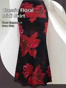 Elegant Floral Pleated Long Skirt, Flowing Skirt, High Waist Fitted Fish Tail Design, Perfect for Parties, Beach Vacations, All Seasons