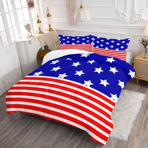 2/3Pcs American Flag Stars Stripes Comforter Set, Patriotic Red White Blue Print Quilt Bedding Set with Pillowcases, Lightweight Cozy for Men Women Kids Adults Bedroom, Perfect 4th of July Independence Day Home Decor