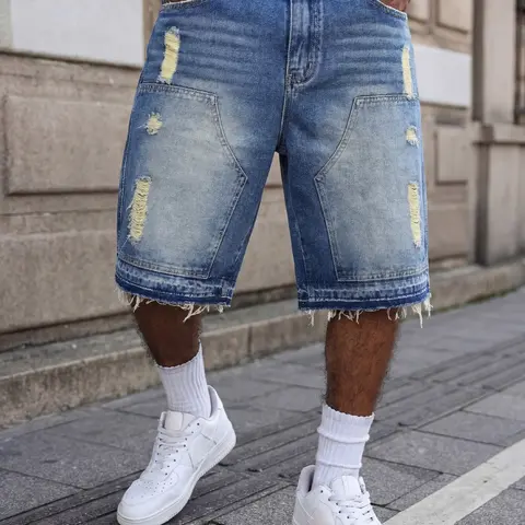 Men's Blue Washed Denim Ripped Shorts, Non-Stretch Loose Street-Style Jorts, Sizes S-W32 to XXL-W40