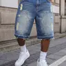 Men's Blue Washed Denim Ripped Shorts, Non-Stretch Loose Street-Style Jorts, Sizes S-W32 to XXL-W40