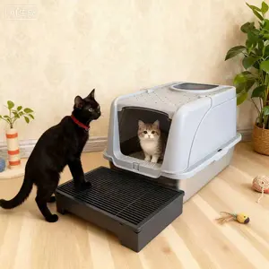 Upgraded stainless steel cat litter box+adjustable leak cat litter mat, enclosed large space cat litter box, splash proof, widened and thickened cat toilet, washable cat litter mat, pet supplies